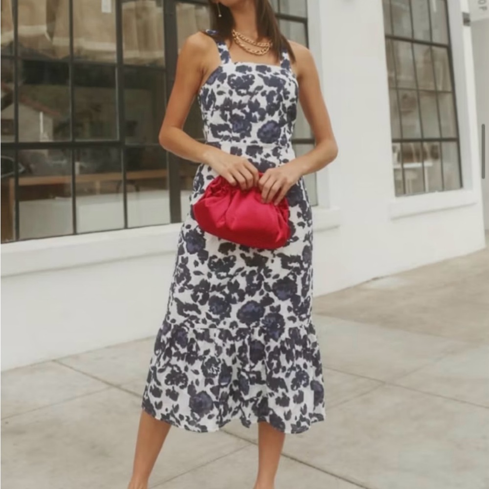 Floral Midi Dress with Red Clutch